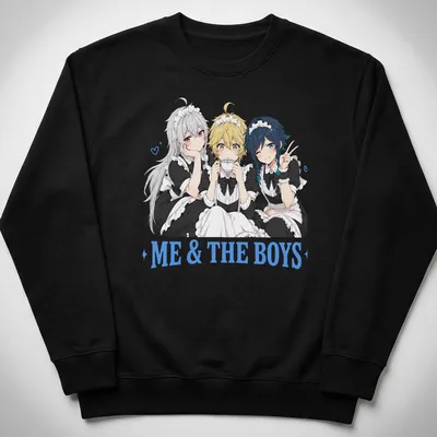 Anime-style illustration of femboy maids with the text 'Me & The Boys' — printed on a unisex sweatshirt