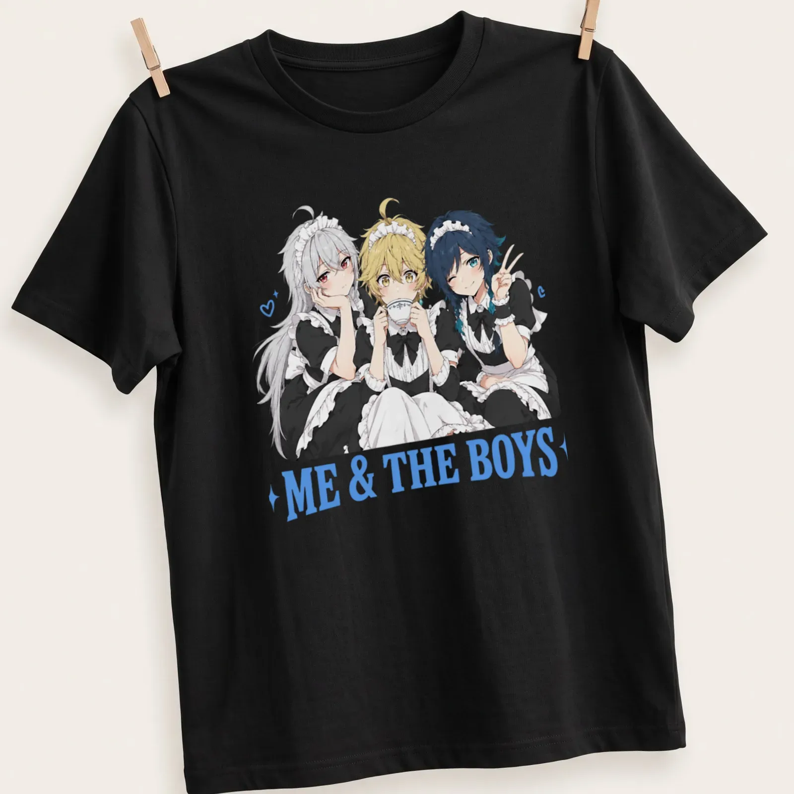Anime-style illustration of femboy maids with the text 'Me & The Boys' — printed on a unisex t-shirt