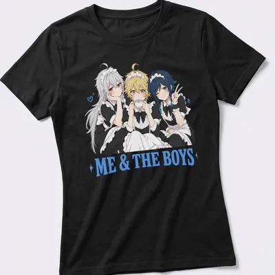 Anime-style illustration of femboy maids with the text 'Me & The Boys' — printed on a women's shirt
