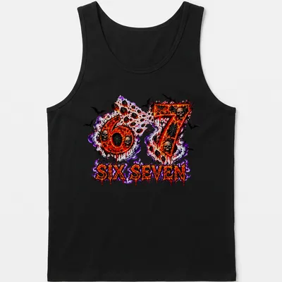 Bold graphic t-shirt featuring fiery skulls and the text 67 SIX SEVEN — printed on a tank top