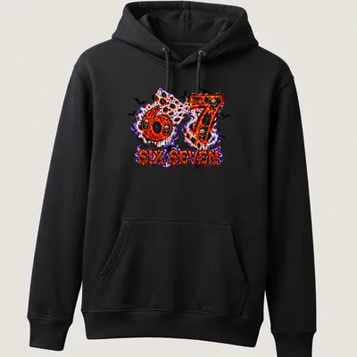 Bold graphic t-shirt featuring fiery skulls and the text 67 SIX SEVEN — printed on a unisex hoodie