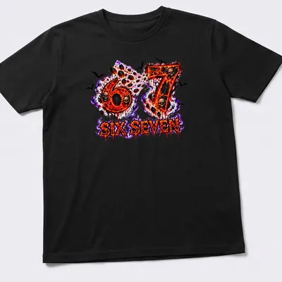 Bold graphic t-shirt featuring fiery skulls and the text 67 SIX SEVEN