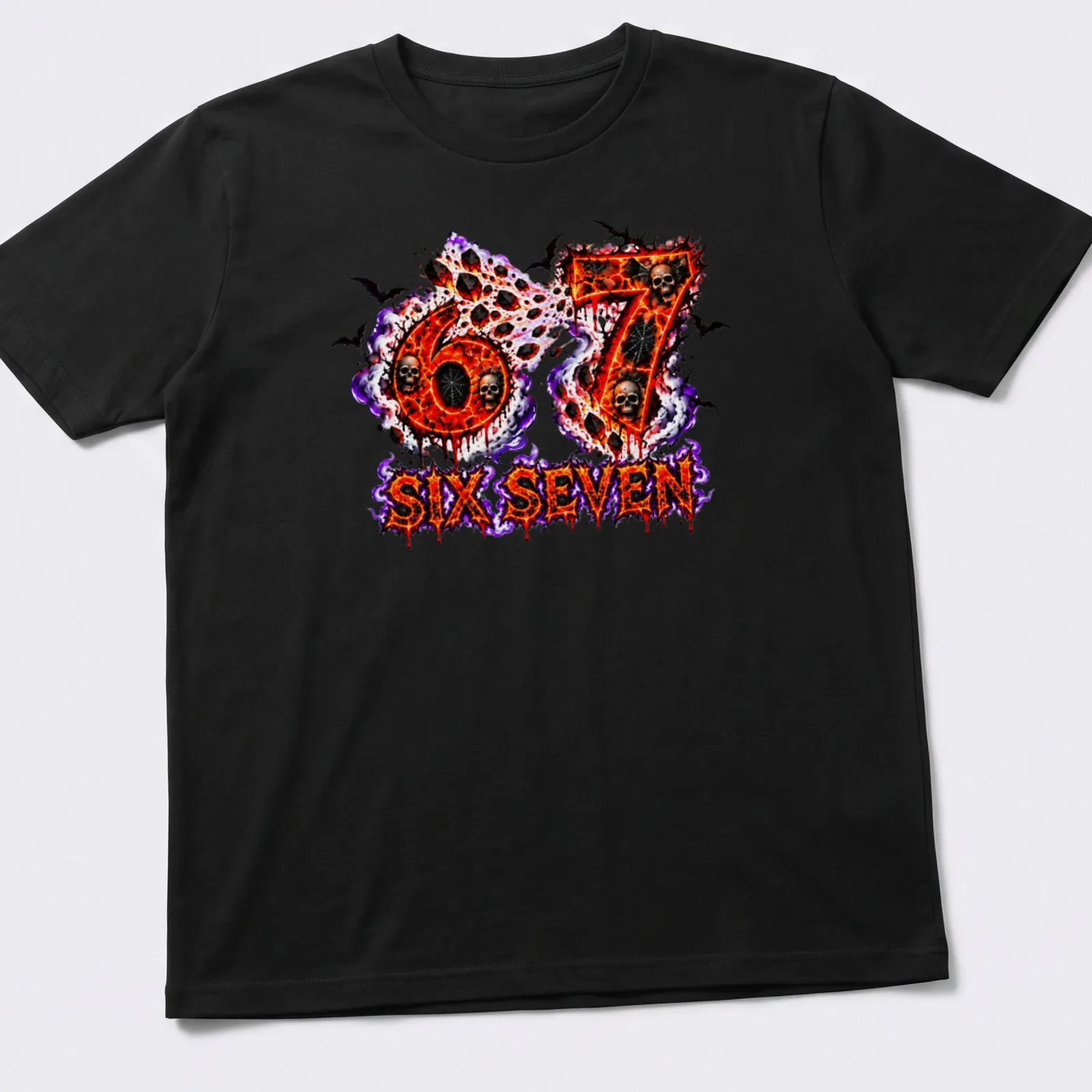 Bold graphic t-shirt featuring fiery skulls and the text 67 SIX SEVEN — printed on a unisex t-shirt