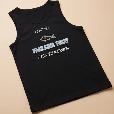 Line-art shirt featuring fish and the text Packages Today in light blue and cream — printed on a tank top