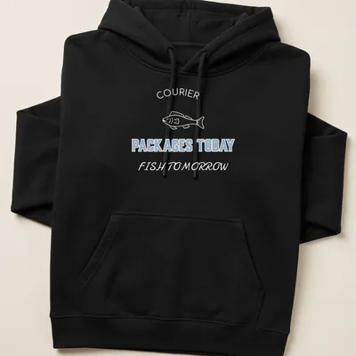 Line-art shirt featuring fish and the text Packages Today in light blue and cream — printed on a unisex hoodie