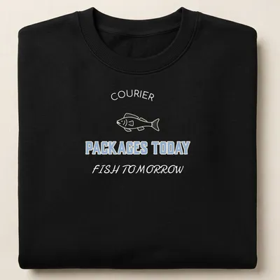 Line-art shirt featuring fish and the text Packages Today in light blue and cream — printed on a unisex sweatshirt