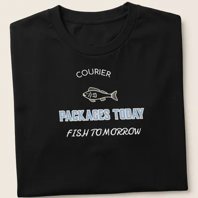 Line-art shirt featuring fish and the text Packages Today in light blue and cream — printed on a unisex t-shirt