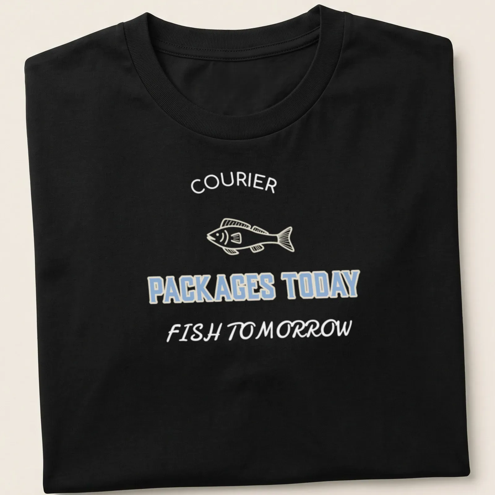 Line-art shirt featuring fish and the text Packages Today in light blue and cream — printed on a unisex t-shirt