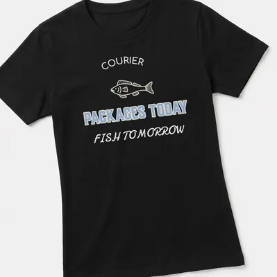 Line-art shirt featuring fish and the text Packages Today in light blue and cream — printed on a women's shirt