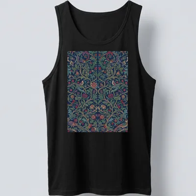 Vintage abstract floral pattern with birds and foliage in vibrant colors — printed on a tank top