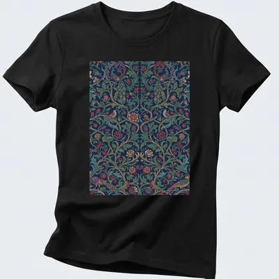 Vintage abstract floral pattern with birds and foliage in vibrant colors — printed on a women's shirt