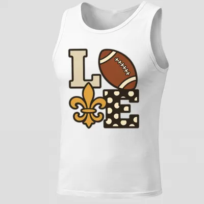 Playful illustration of football with 'Love Our Saints' text in brown and gold. — printed on a tank top