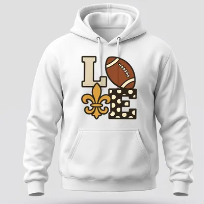 Playful illustration of football with 'Love Our Saints' text in brown and gold. — printed on a unisex hoodie