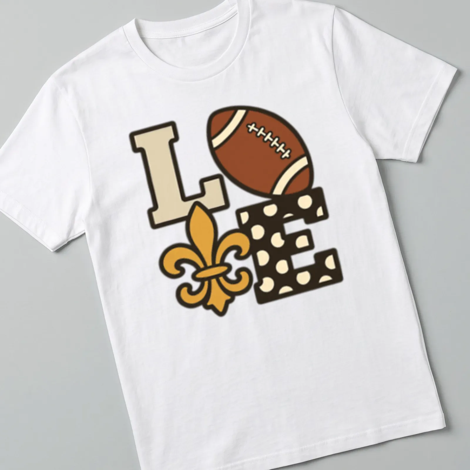 Playful illustration of football with 'Love Our Saints' text in brown and gold. — printed on a unisex t-shirt
