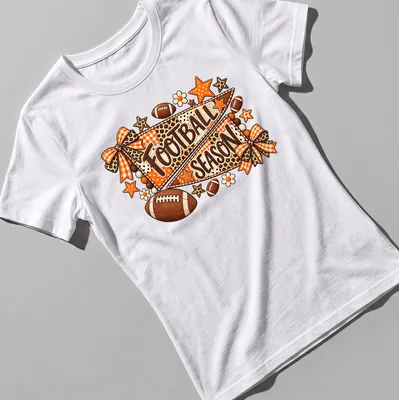 Vintage patchwork Football Season t-shirt with flags and footballs — printed on a women's shirt