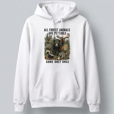 Humorous T-shirt featuring various forest animals and text about petting them. — printed on a unisex hoodie