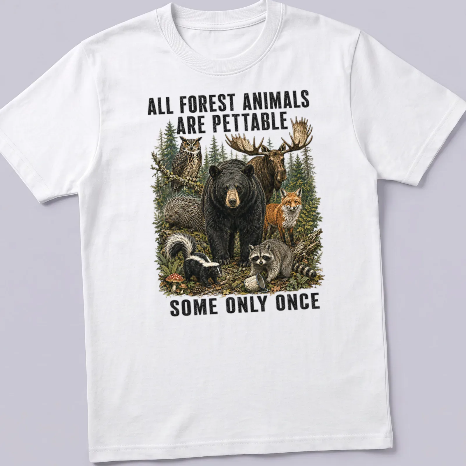 Humorous T-shirt featuring various forest animals and text about petting them. — printed on a unisex t-shirt