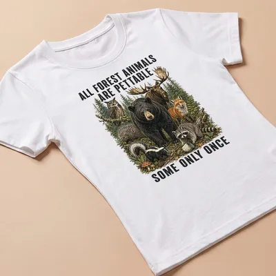 Humorous T-shirt featuring various forest animals and text about petting them. — printed on a women's shirt