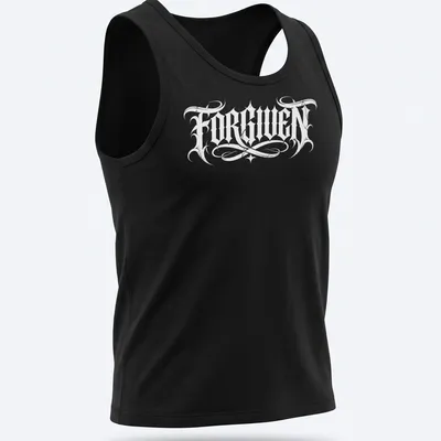 Bold black Gothic text reading FORGIVEN on a white t-shirt. — printed on a tank top