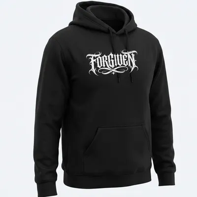 Bold black Gothic text reading FORGIVEN on a white t-shirt. — printed on a unisex hoodie