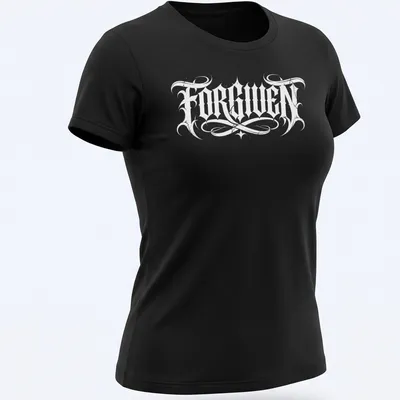 Bold black Gothic text reading FORGIVEN on a white t-shirt. — printed on a women's shirt