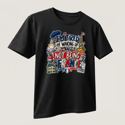 Colorful cartoon of Eiffel Tower, croissant, and coffee with text about France — printed on a unisex t-shirt (angled view)