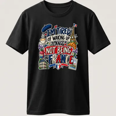 Colorful cartoon of Eiffel Tower, croissant, and coffee with text about France — printed on a unisex t-shirt