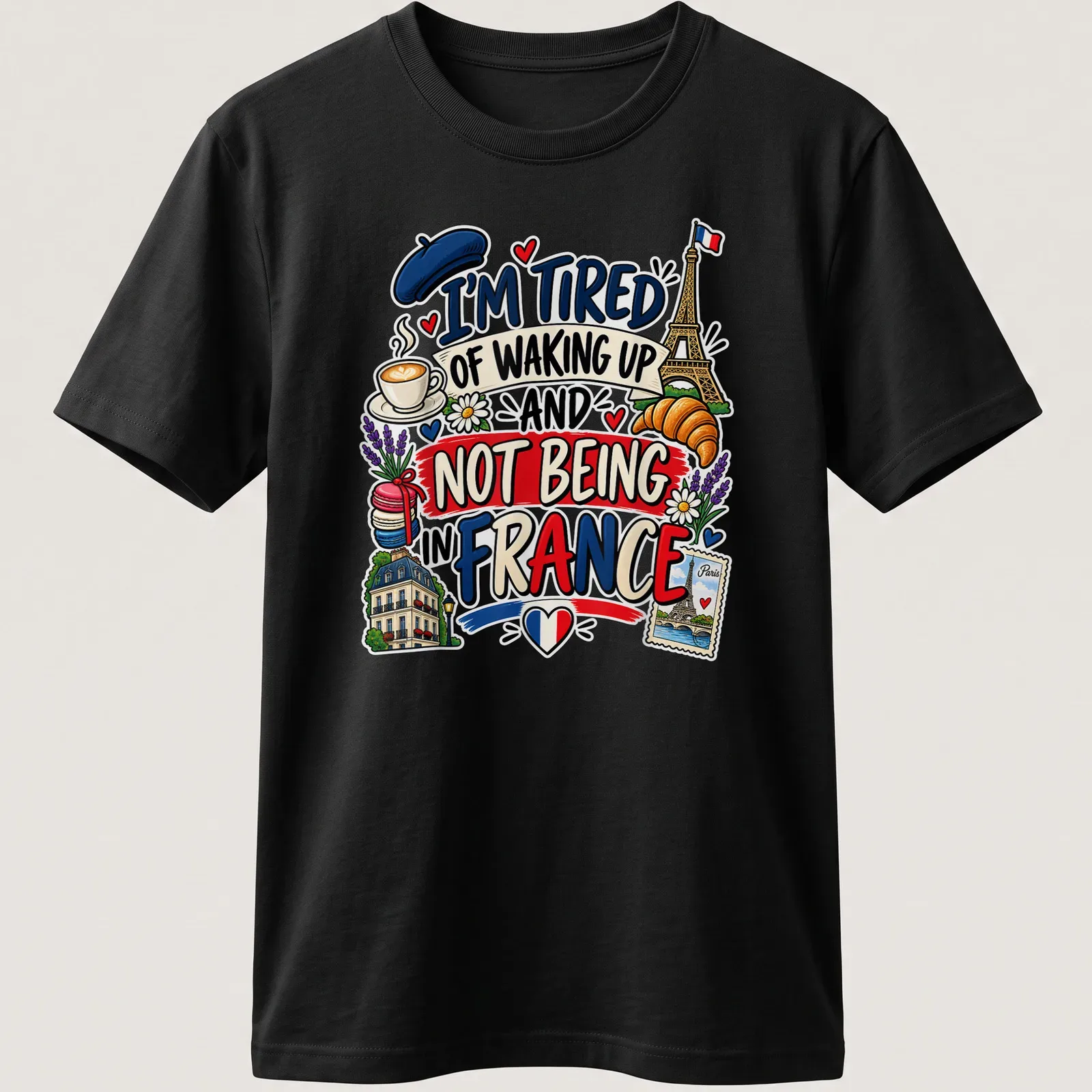 Colorful cartoon of Eiffel Tower, croissant, and coffee with text about France — printed on a unisex t-shirt
