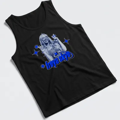 Graphic print of a woman making peace signs with the text freya skye — printed on a tank top
