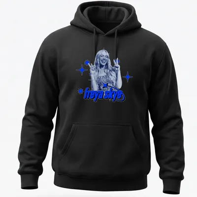 Graphic print of a woman making peace signs with the text freya skye — printed on a unisex hoodie