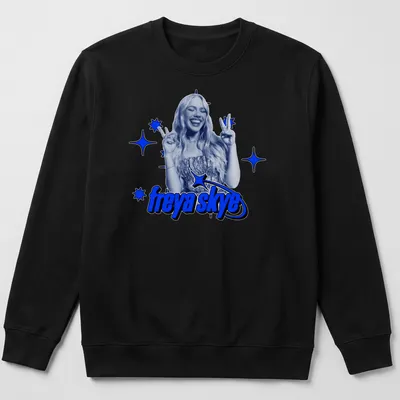 Graphic print of a woman making peace signs with the text freya skye — printed on a unisex sweatshirt