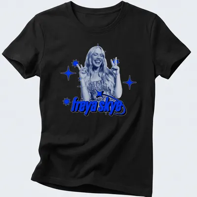 Graphic print of a woman making peace signs with the text freya skye — printed on a women's shirt