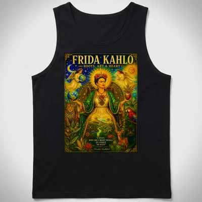 Vibrant illustration of Frida Kahlo with inspirational text about wings and flight. — printed on a tank top