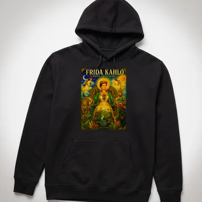 Vibrant illustration of Frida Kahlo with inspirational text about wings and flight. — printed on a unisex hoodie