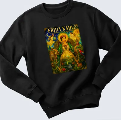 Vibrant illustration of Frida Kahlo with inspirational text about wings and flight. — printed on a unisex sweatshirt