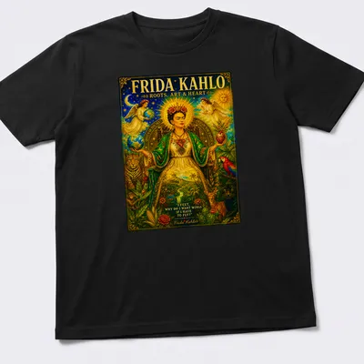 Vibrant illustration of Frida Kahlo with inspirational text about wings and flight.