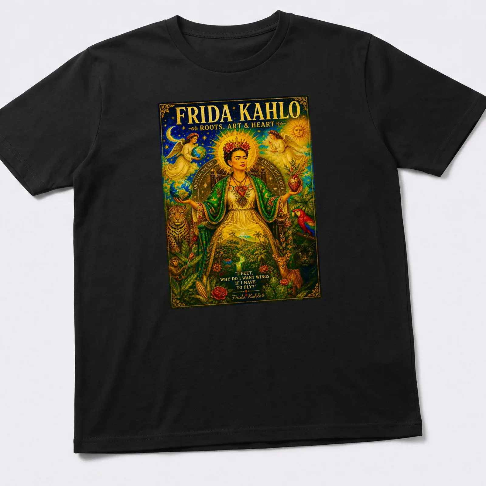 Vibrant illustration of Frida Kahlo with inspirational text about wings and flight. — printed on a unisex t-shirt