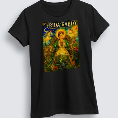 Vibrant illustration of Frida Kahlo with inspirational text about wings and flight. — printed on a women's shirt