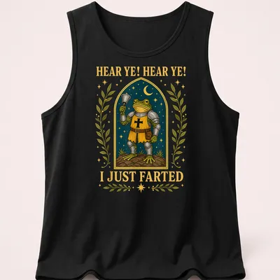 Detailed illustration of a frog in armor with a bell, humorously declaring it farted — printed on a tank top