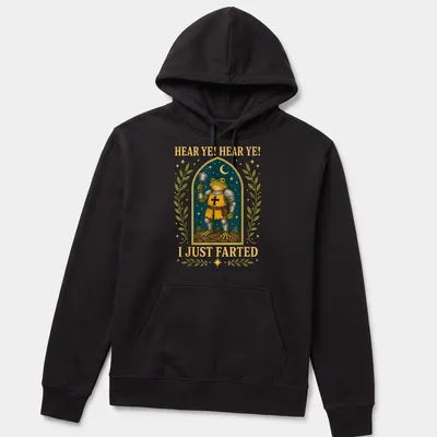 Detailed illustration of a frog in armor with a bell, humorously declaring it farted — printed on a unisex hoodie