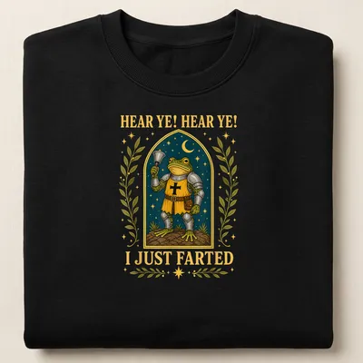 Detailed illustration of a frog in armor with a bell, humorously declaring it farted — printed on a unisex sweatshirt