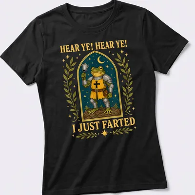 Detailed illustration of a frog in armor with a bell, humorously declaring it farted — printed on a women's shirt