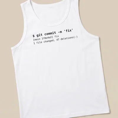 Minimalist t-shirt with developer terminal text in black on white. — printed on a tank top