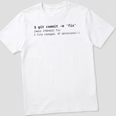 Minimalist t-shirt with developer terminal text in black on white.