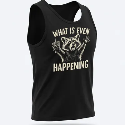 Light beige raccoon holding iced coffee with line-art style and humorous text. — printed on a tank top