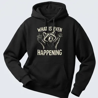 Light beige raccoon holding iced coffee with line-art style and humorous text. — printed on a unisex hoodie