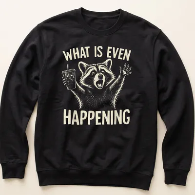 Light beige raccoon holding iced coffee with line-art style and humorous text. — printed on a unisex sweatshirt