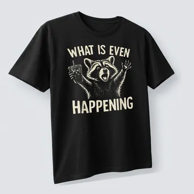 Light beige raccoon holding iced coffee with line-art style and humorous text. — printed on a unisex t-shirt (angled view)