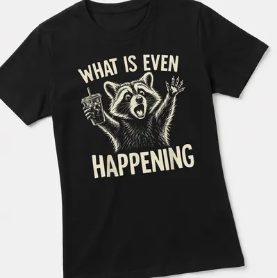 Light beige raccoon holding iced coffee with line-art style and humorous text. — printed on a women's shirt