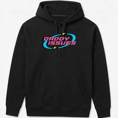 Y2K Retro t-shirt with the quote 'DADDY ISSUES' in playful colors and font — printed on a unisex hoodie